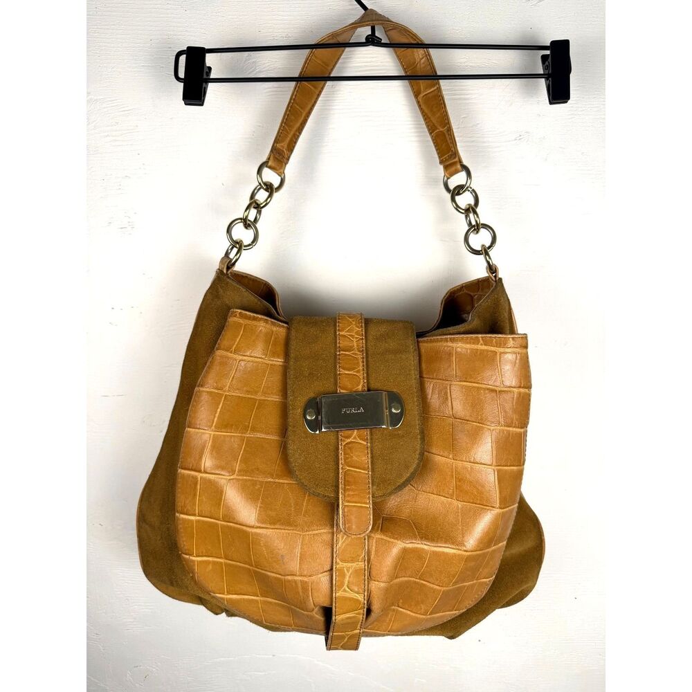 Y2K Vintage Furla Italian Leather Croc Embossed Shoulder Bag Camel Hobo Purse
